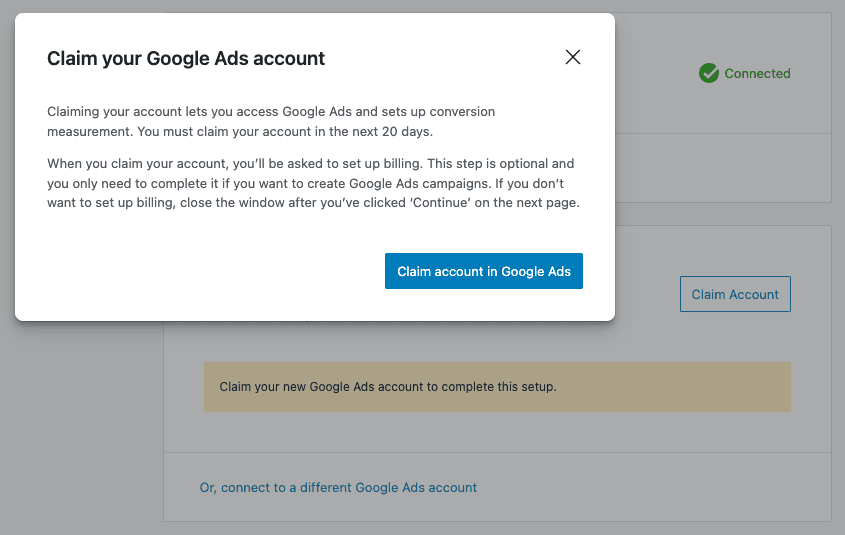 Claim account in Google Ads