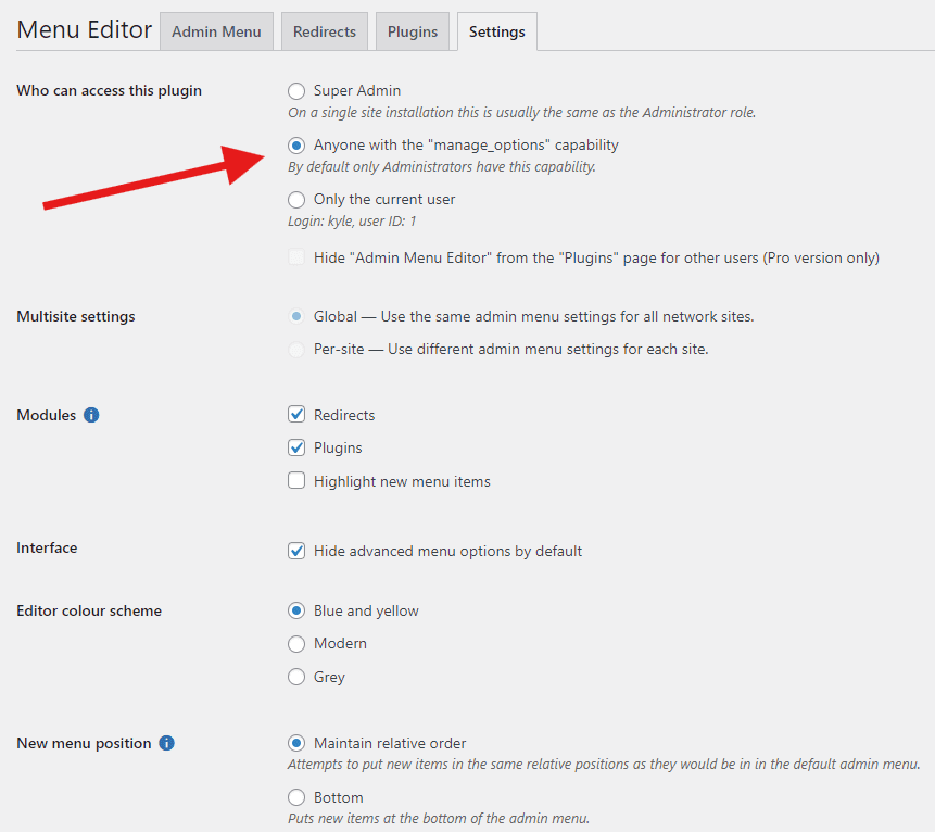 Menu editor settings