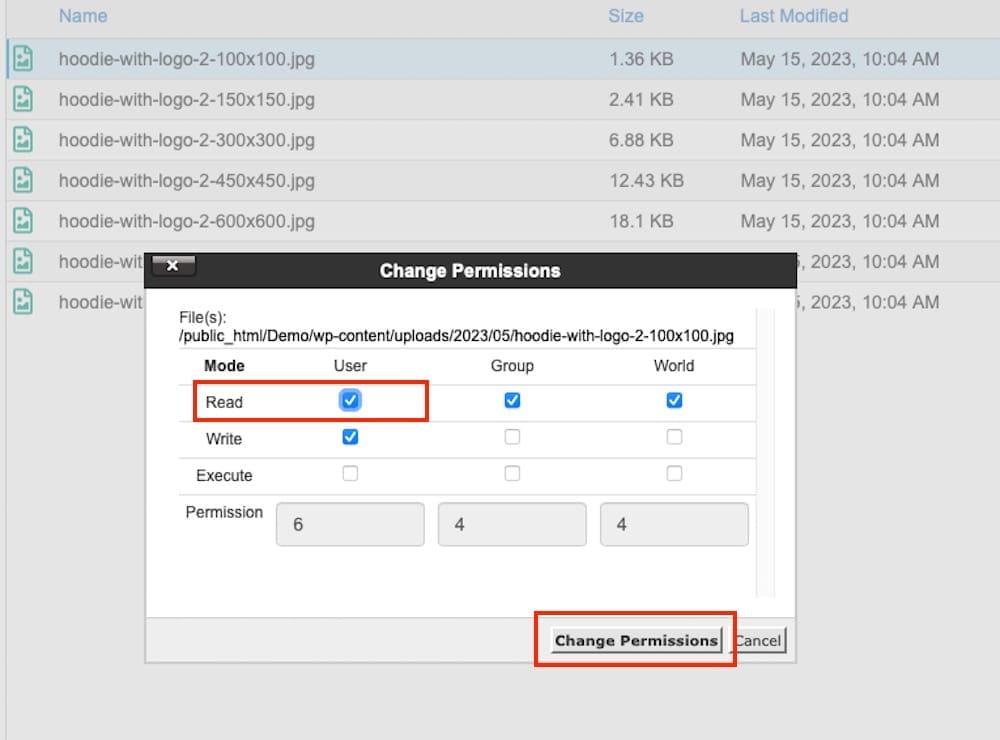 Changing file permissions on WordPress
